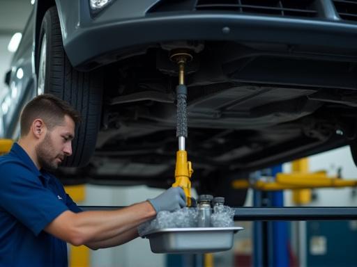 A mechanic performing an oil change.